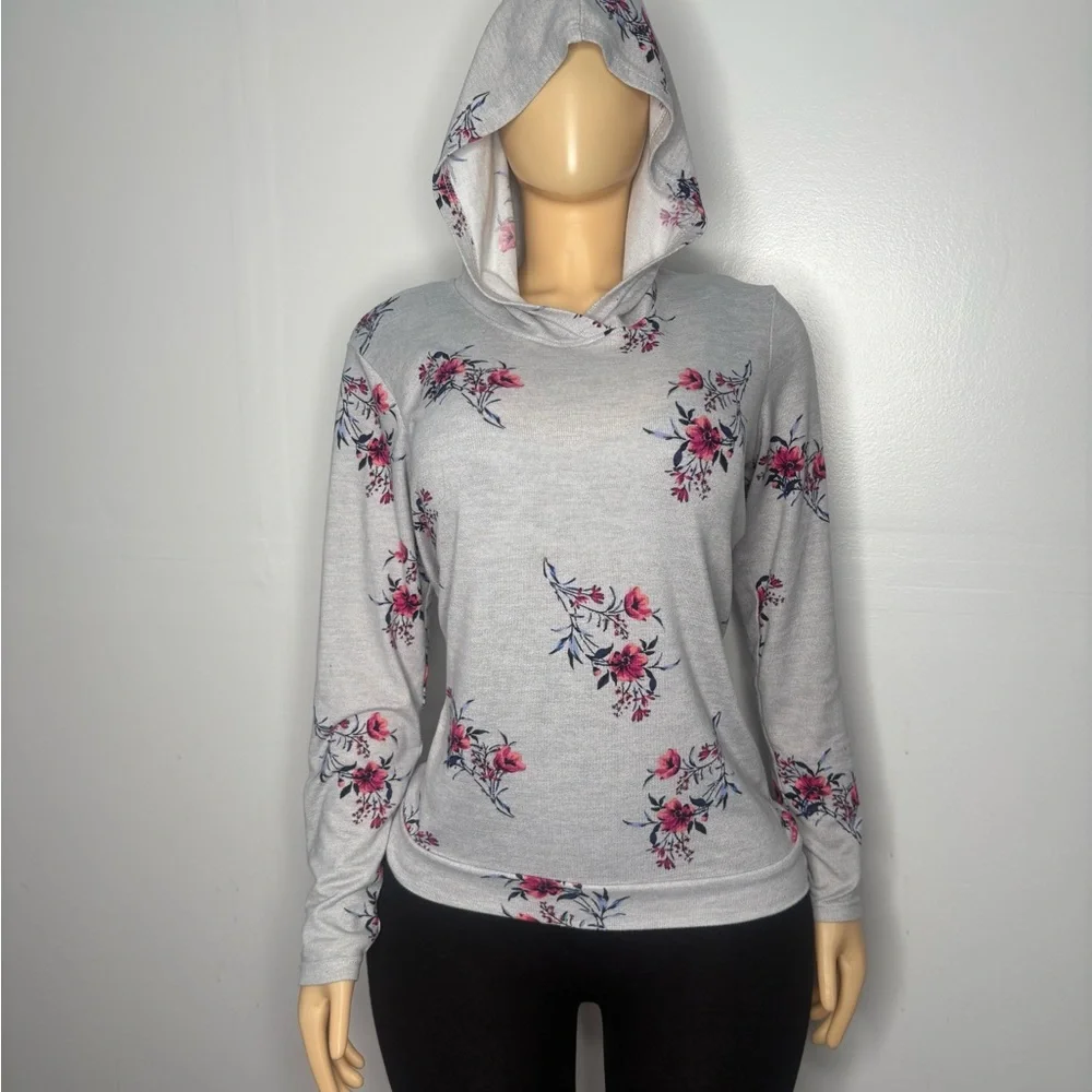 Floral Hooded Women's Top - Gray and Pink